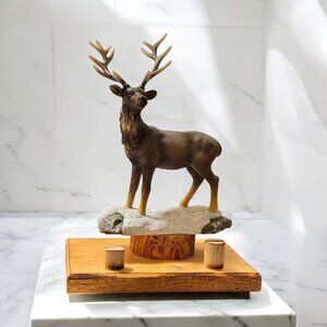 Hand-Painted Resin Deer Figurine 11"  Antler Detail, Stone Accent, Wooden Base